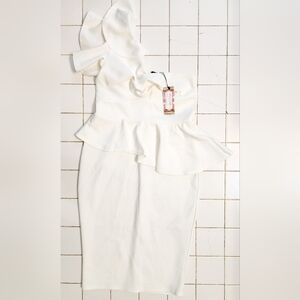 Boohoo Cream One Shoulder Peplum Dress